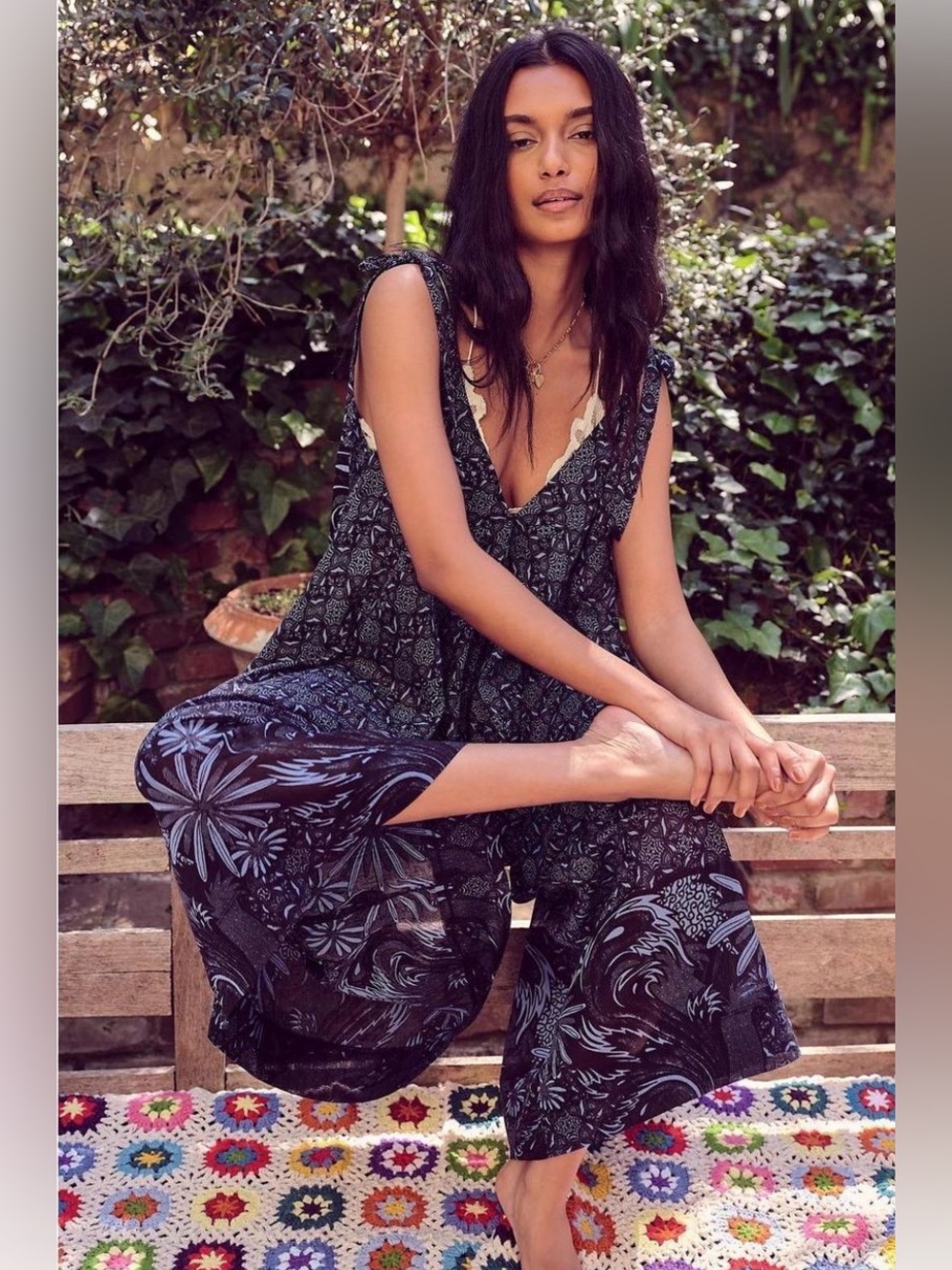 Free People Intimately XL Wide Leg Jumpsuit Black Blue Floral Boho